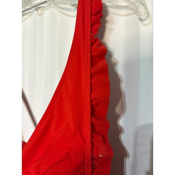 Skinny Dippers Red Ruffled Deep V-Neck One-Piece Swimsuit L Nylon Blend Adjustab - Picture 2 of 6